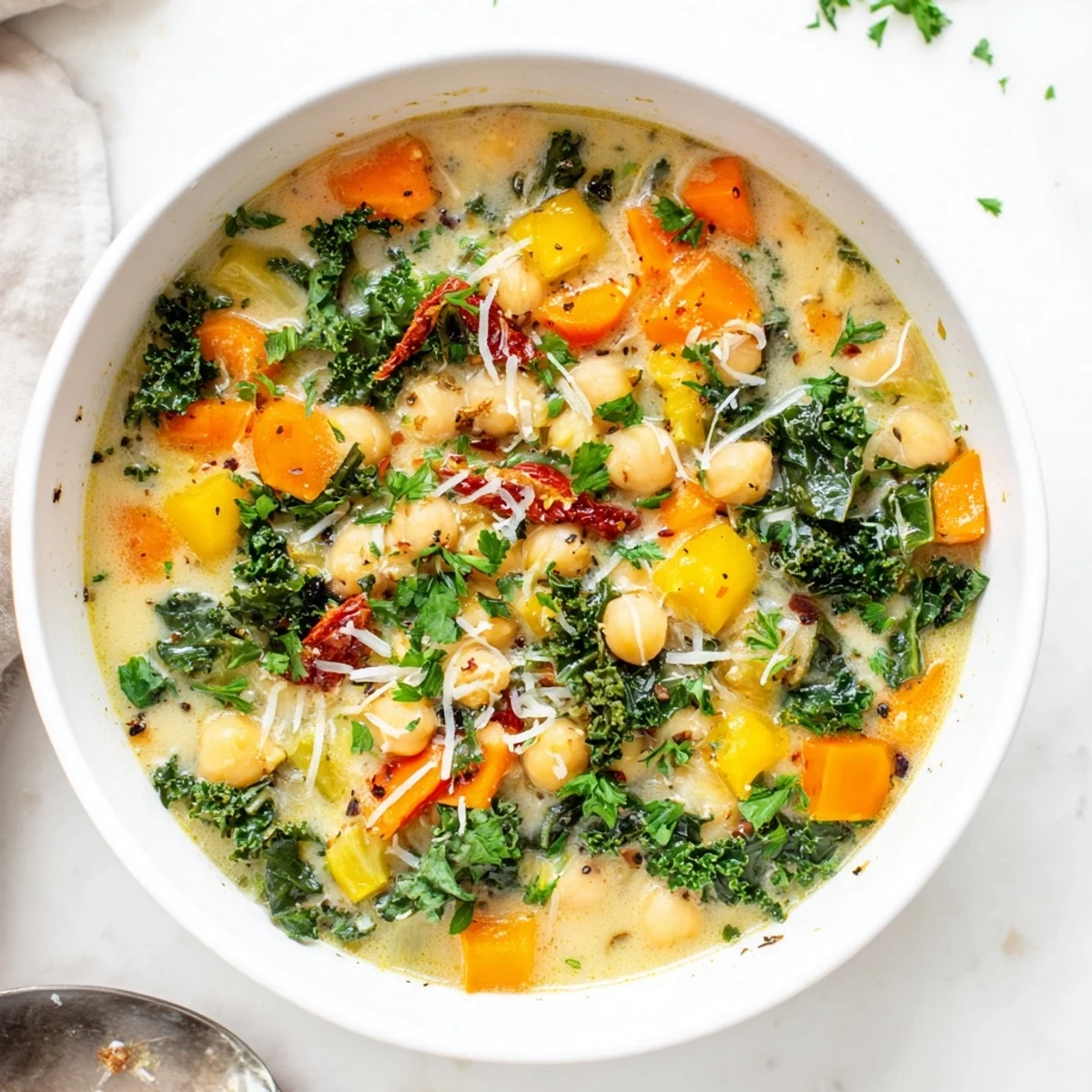 Creamy Tuscan chickpea and kale soup ladled into white serving bowl