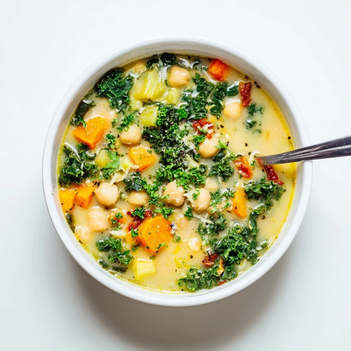 Hearty Tuscan chickpea and kale soup featuring vibrant greens in rich broth
