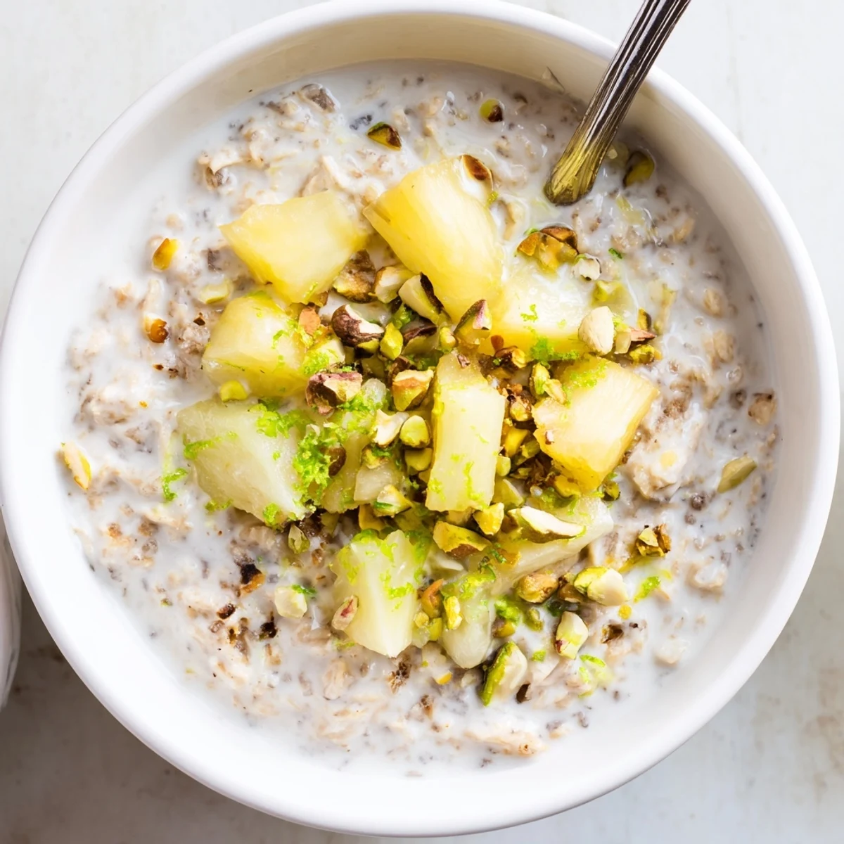 Tropical breakfast jar with coconut lime soaked oats, chia seeds, and bright green lime zest