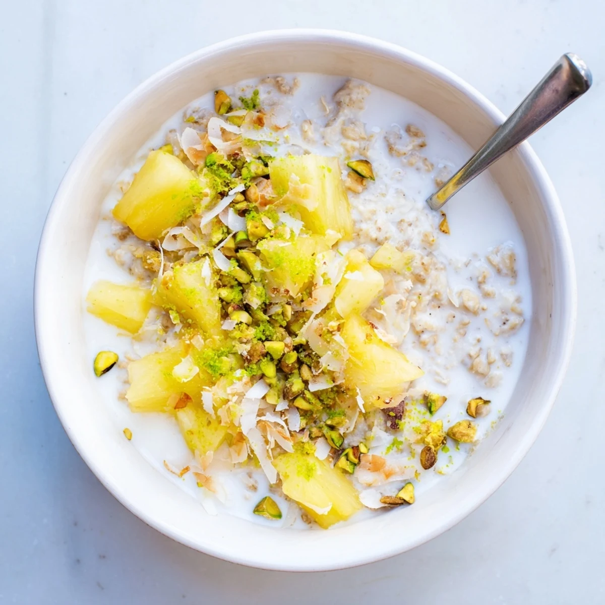 Creamy coconut lime overnight oats bowl topped with fresh pineapple and toasted coconut flakes