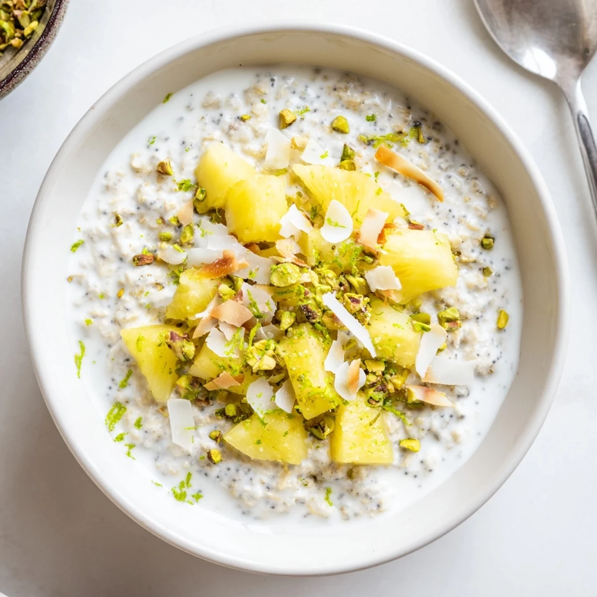 Zesty coconut lime overnight oats parfait layered with diced pineapple, crunchy nuts, and vanilla yogurt