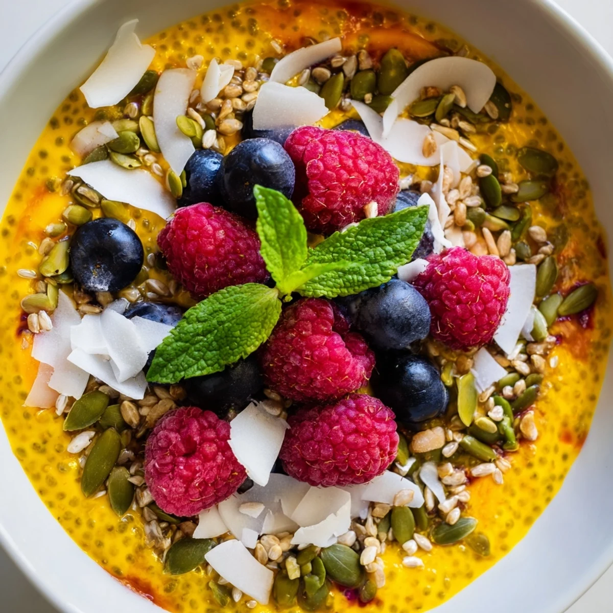 Golden turmeric chia pudding layered with vibrant mango puree and topped with fresh berries