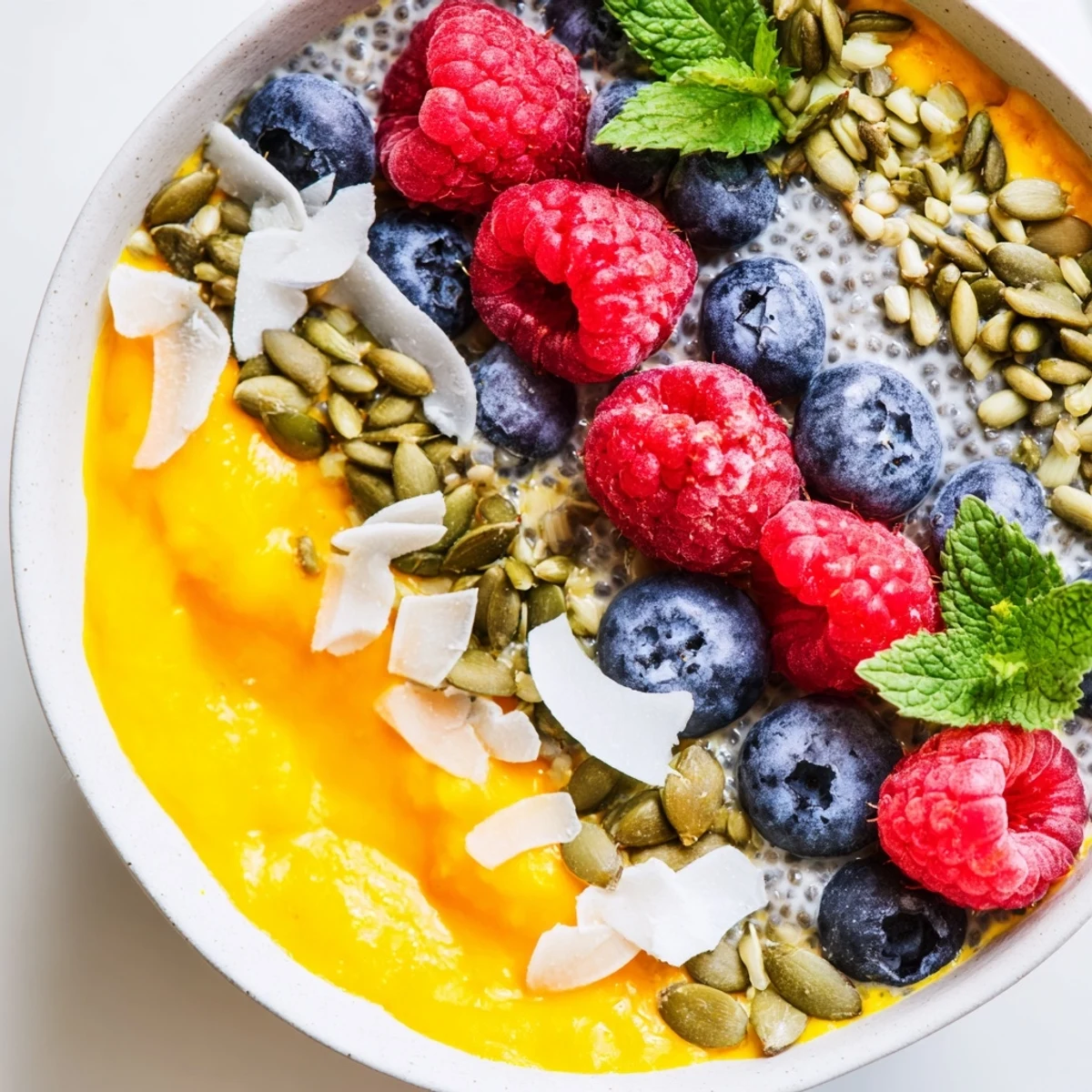 Creamy mango turmeric sunrise chia bowl garnished with coconut flakes and pumpkin seeds