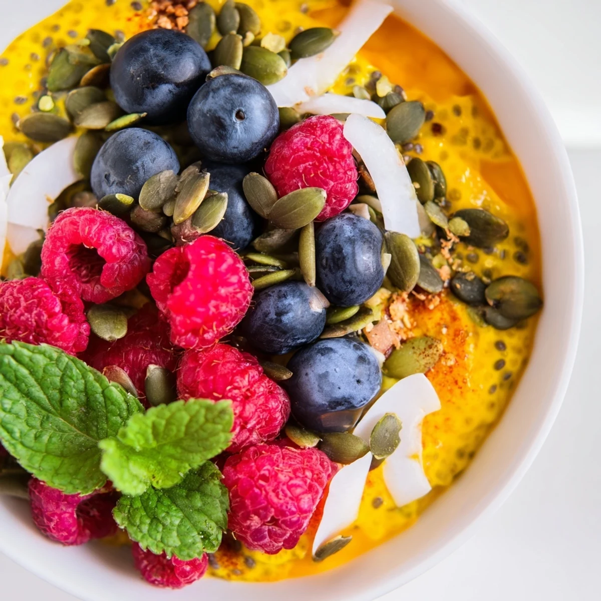 Vibrant breakfast bowl featuring turmeric-spiced chia pudding with sweet mango layer and crunchy toppings