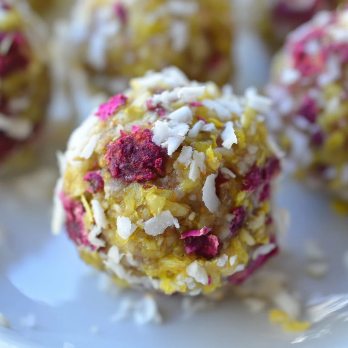 Golden lemon raspberry cashew bliss bites rolled in coconut on a white plate