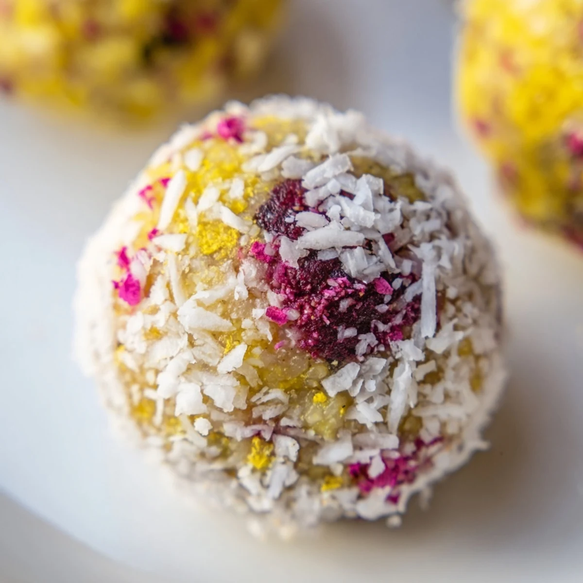 No-bake lemon raspberry cashew bliss treats garnished with bright red raspberry pieces