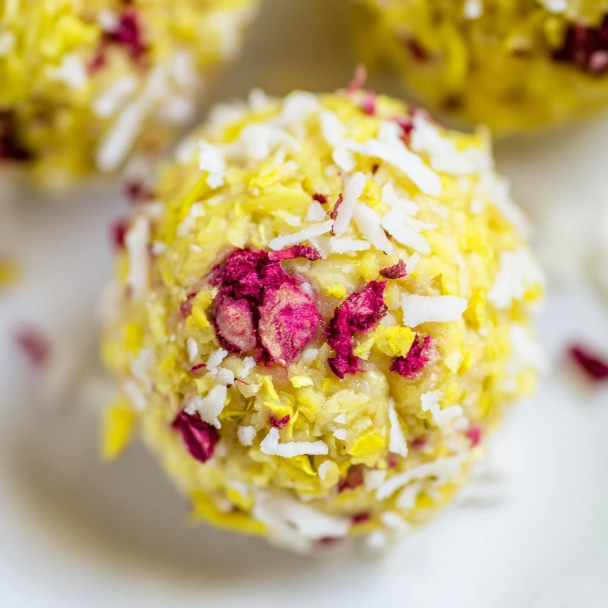 Vegan lemon raspberry cashew bliss bites arranged on parchment paper for serving