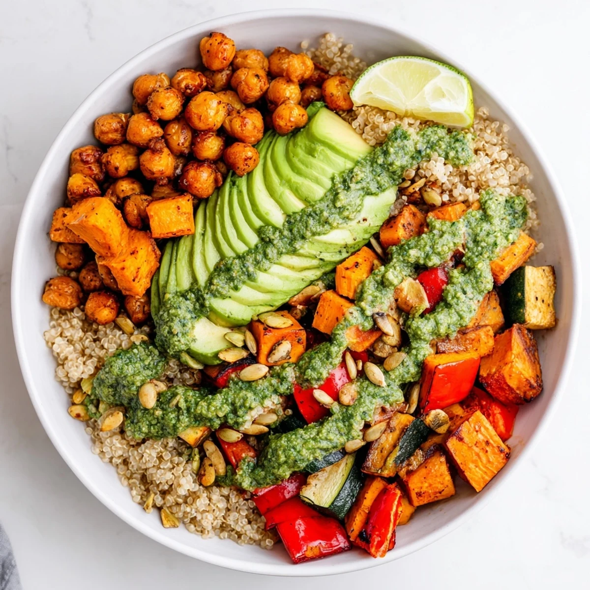Colorful breakfast bowl with roasted chickpeas and chimichurri sauce drizzled over vegetables