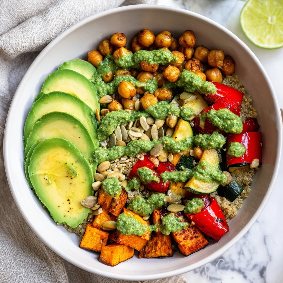 Vibrant morning meal featuring crispy chickpeas roasted with sweet potato and zesty chimichurri