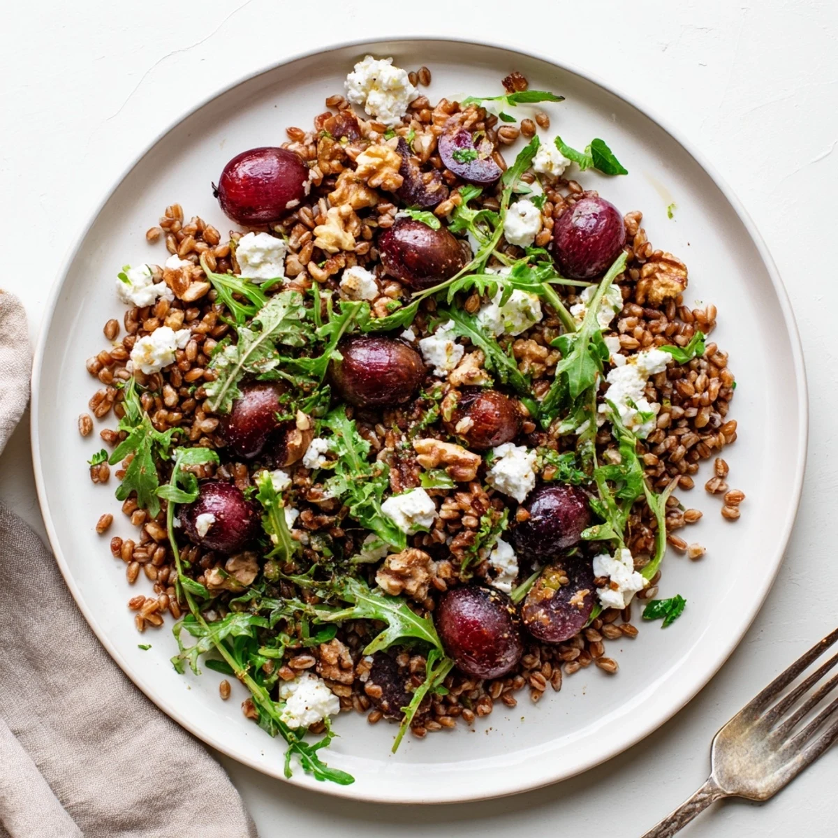 Hearty Mediterranean farro salad with sweet roasted grapes and toasted walnuts garnished with herbs