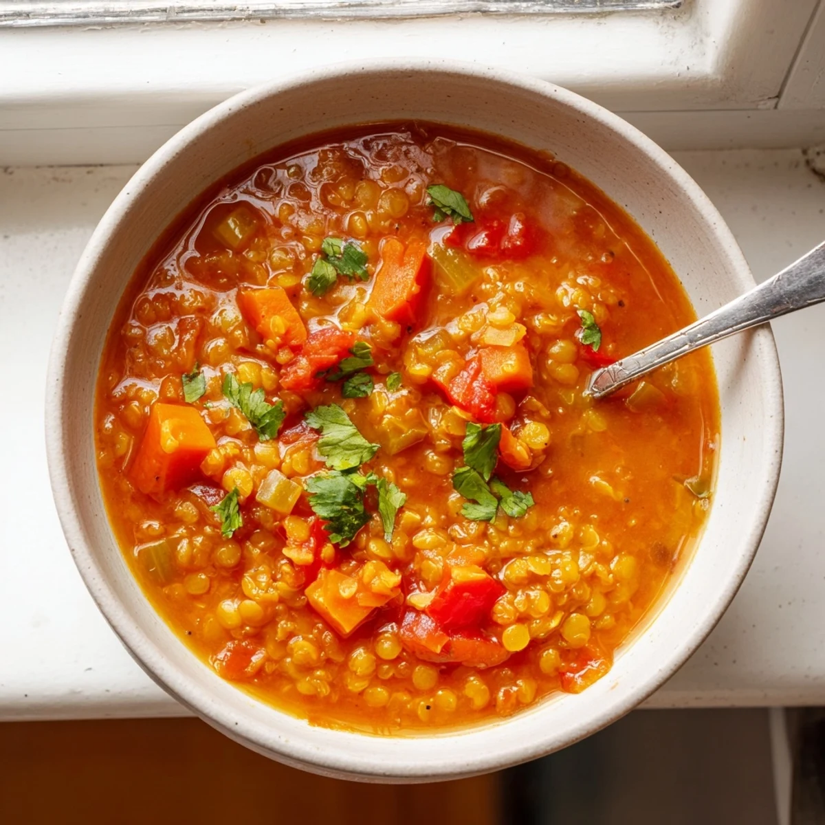 Thick hearty tomato red lentil soup with diced vegetables steaming hot served with crusty bread on rustic wooden table
