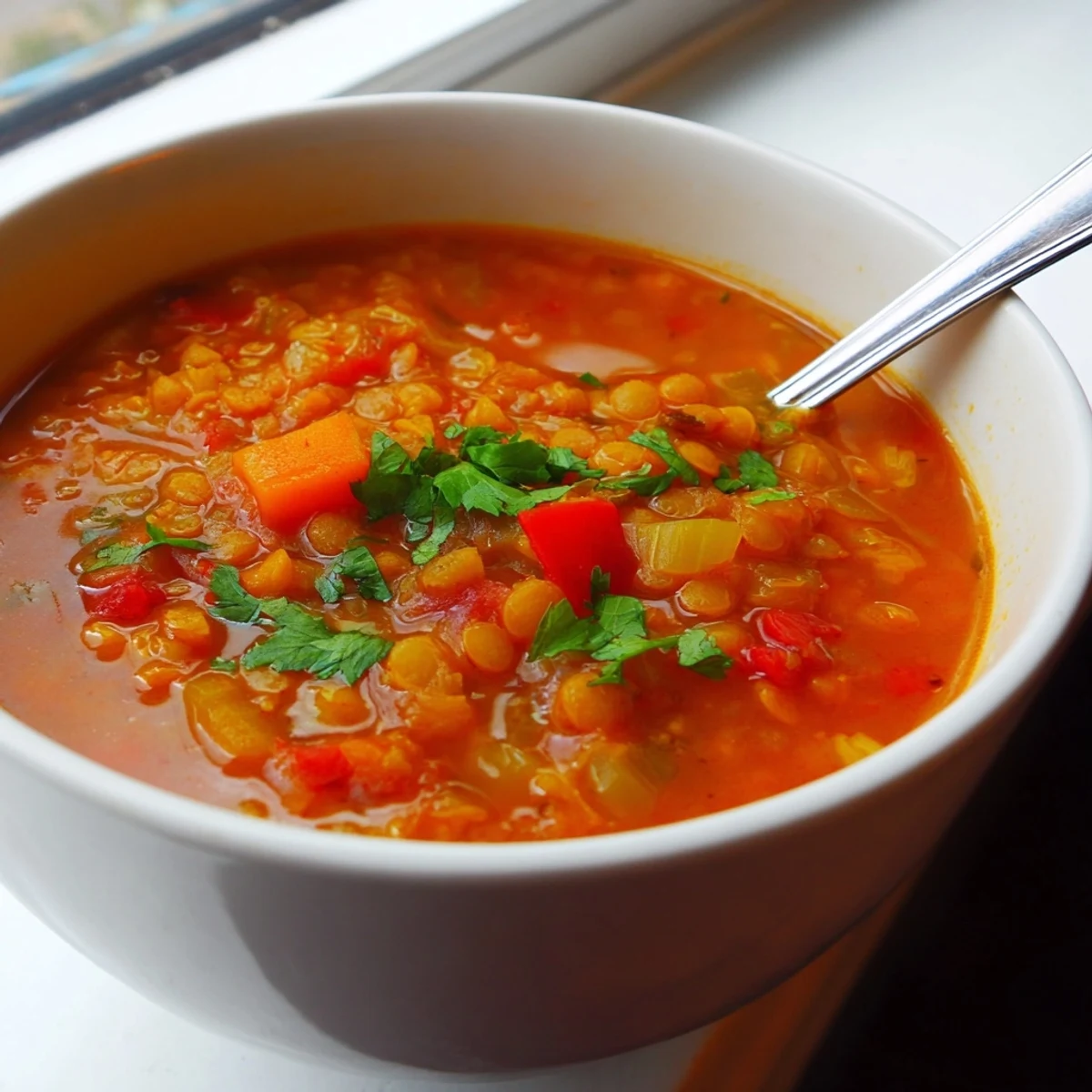 Creamy spiced tomato and red lentil soup garnished with fresh cilantro and lemon wedges in a white bowl