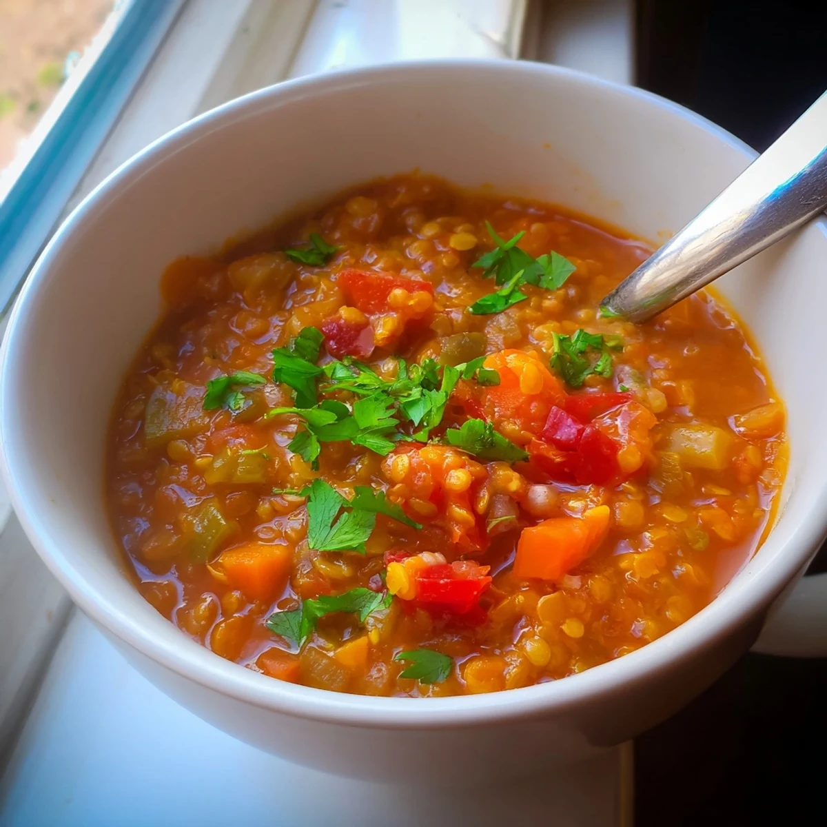 Golden red lentil tomato soup with aromatic spices ladled into bowl featuring vibrant vegetable chunks and green herb garnish
