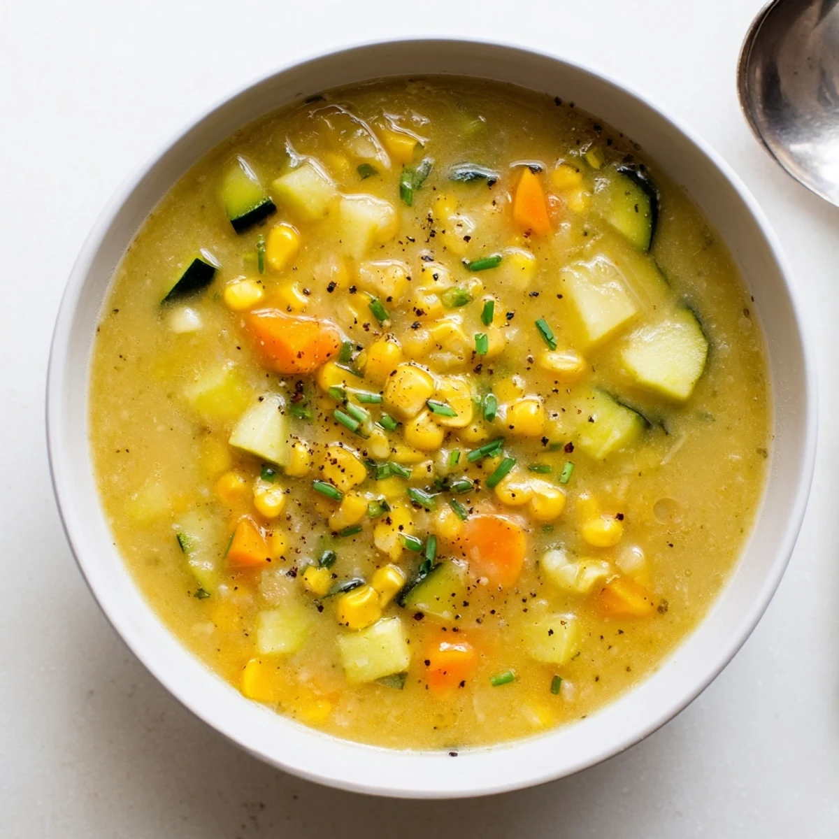 Velvety sweet corn and zucchini hearty soup served with crusty bread for dipping