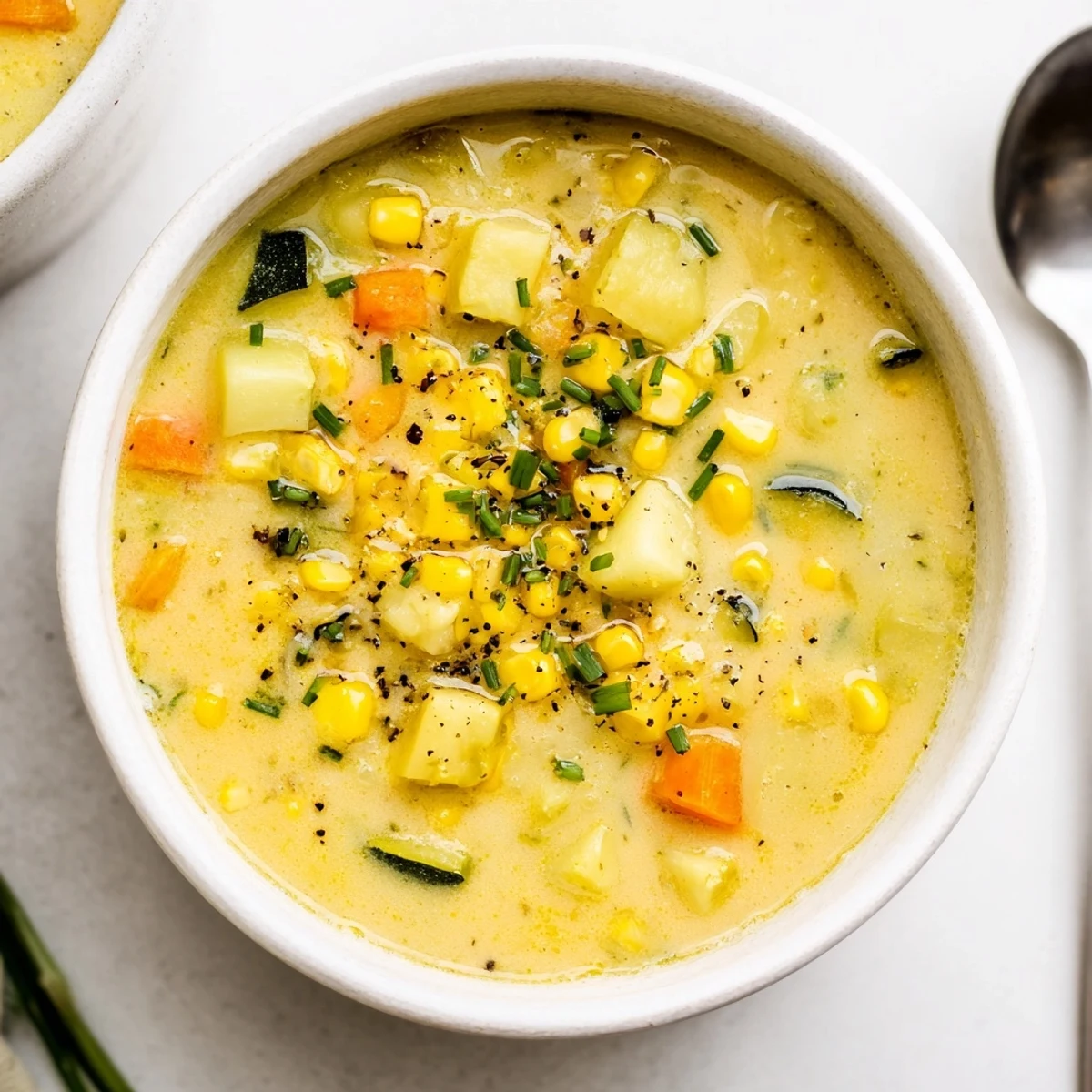 Chunky vegetable soup featuring sweet corn and tender zucchini in a rich cream broth