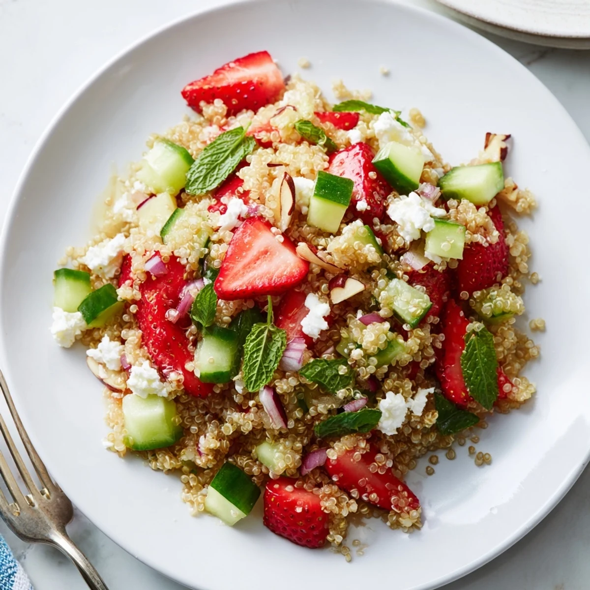 Fresh strawberry basil quinoa grain salad with bright red berries and green herbs in a white bowl