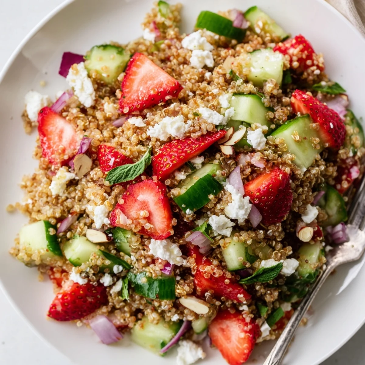 Vibrant quinoa grain salad bowl featuring juicy strawberries, cucumber, fresh basil, and optional feta cheese topping