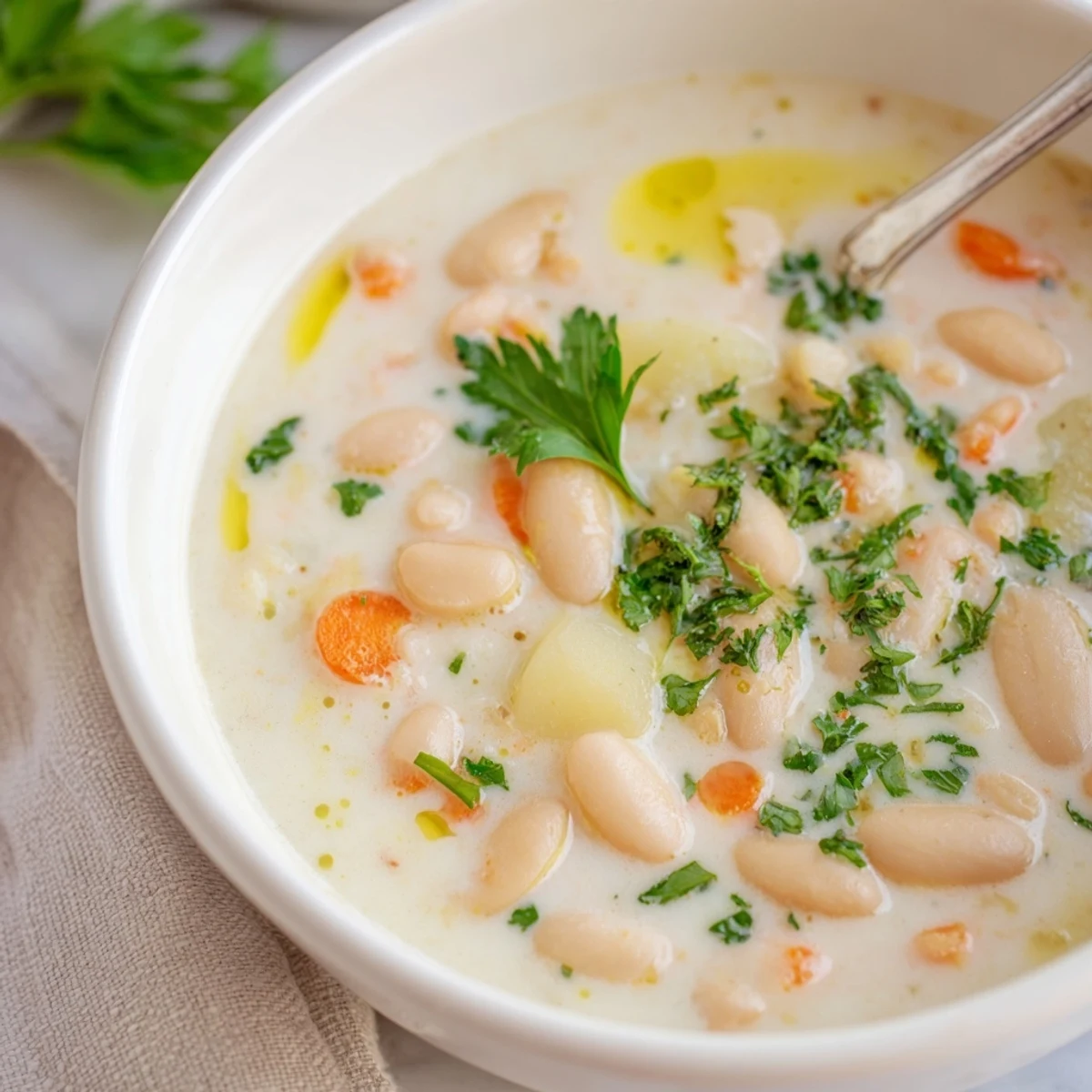 Creamy roasted garlic and cannellini bean soup garnished with fresh parsley and olive oil drizzle