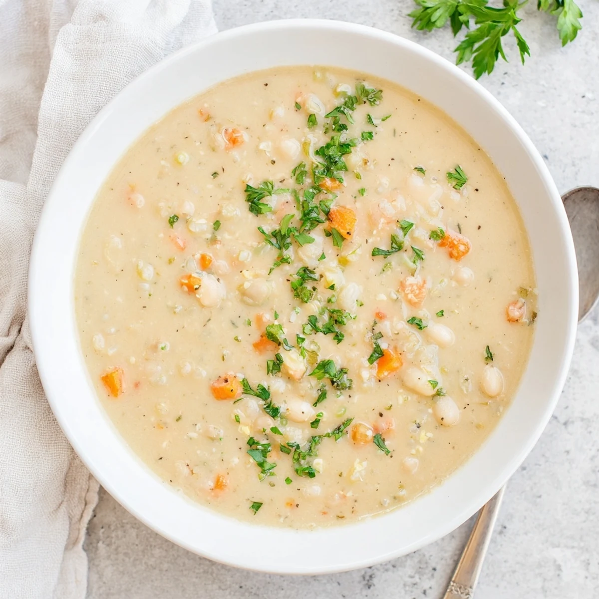 Creamy parsnip and white bean soup garnished with fresh parsley in a rustic bowl.