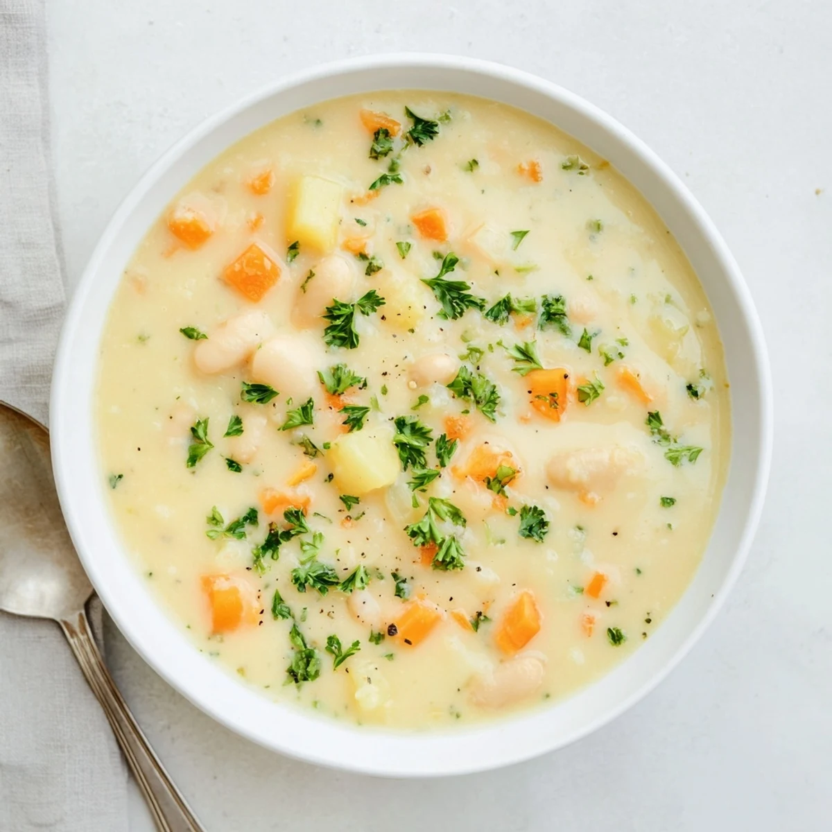 Hearty creamy parsnip and white bean soup served with crusty bread on a dark background.