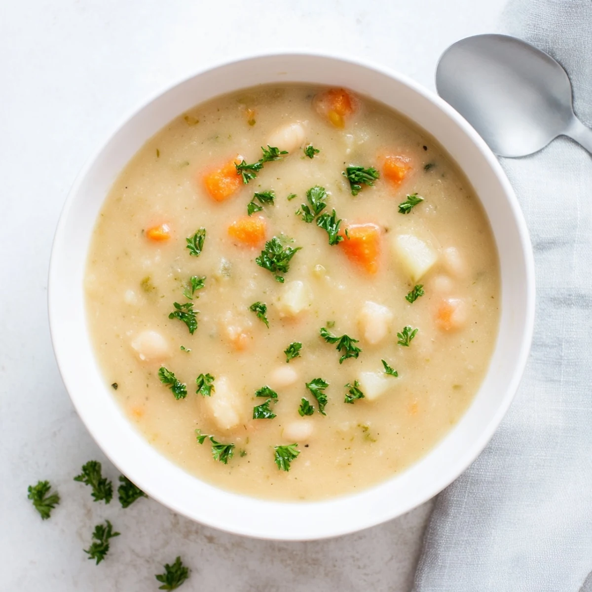 Velvety white bean and parsnip soup steaming in a white ceramic bowl on a wooden table.
