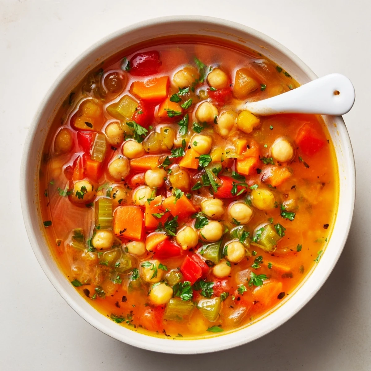 Rustic smoky tomato chickpea soup bowl featuring tender legumes and vibrant red fire-roasted tomato broth