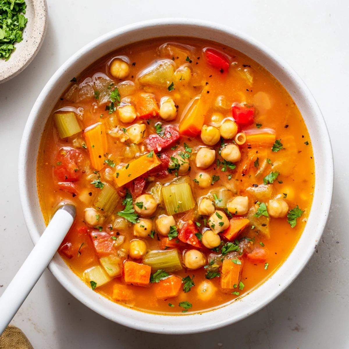 Hearty smoky tomato chickpea soup garnished with fresh parsley in a white ceramic serving bowl