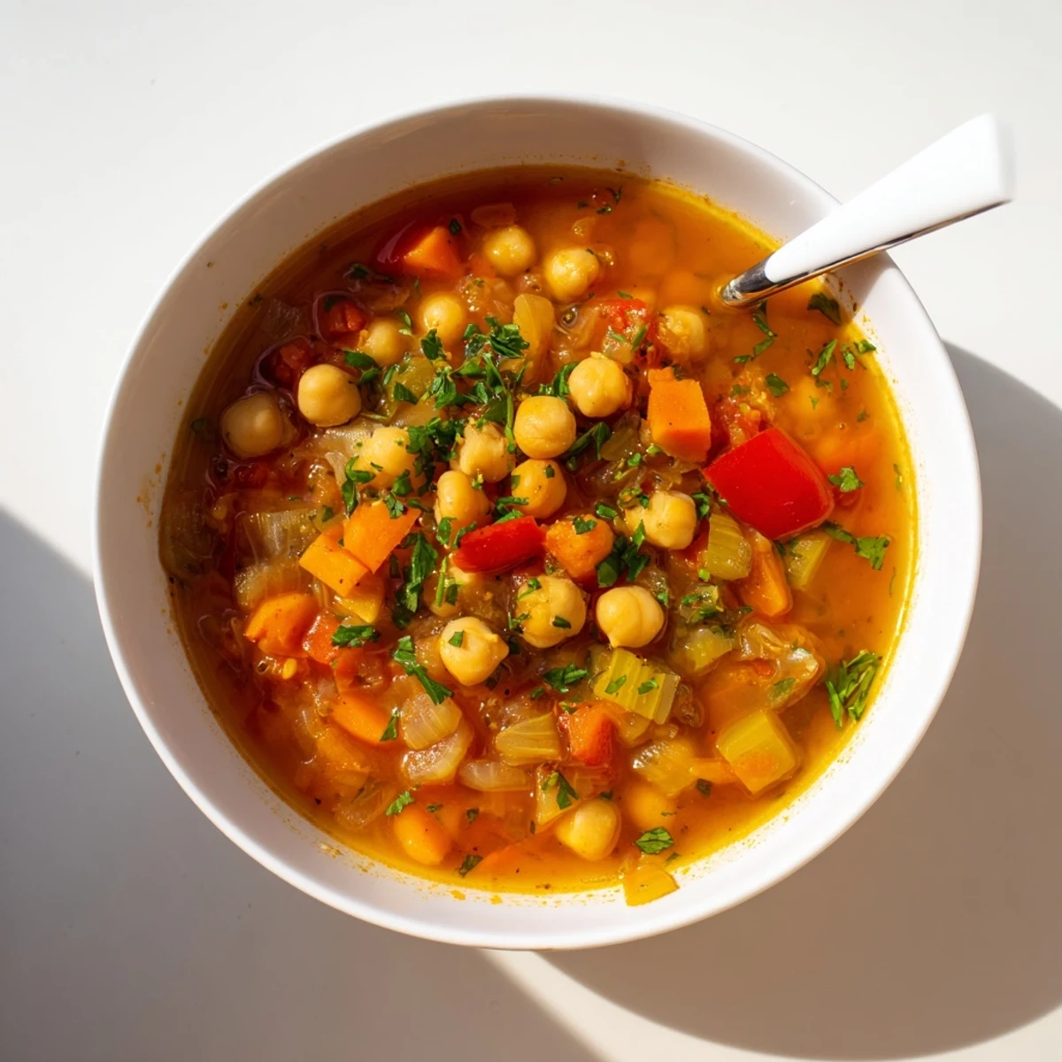 Spoon lifting chunky smoky tomato chickpea soup with tender vegetables and aromatic smoked paprika broth