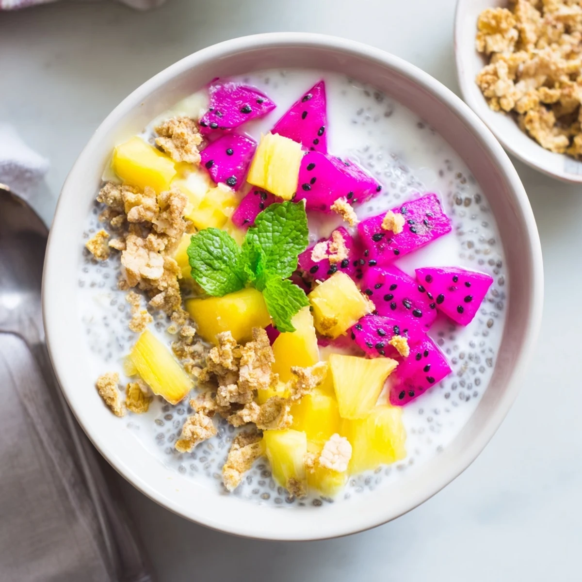 Creamy dragon fruit coconut chia breakfast bowl topped with colorful fresh tropical fruit and crunchy granola