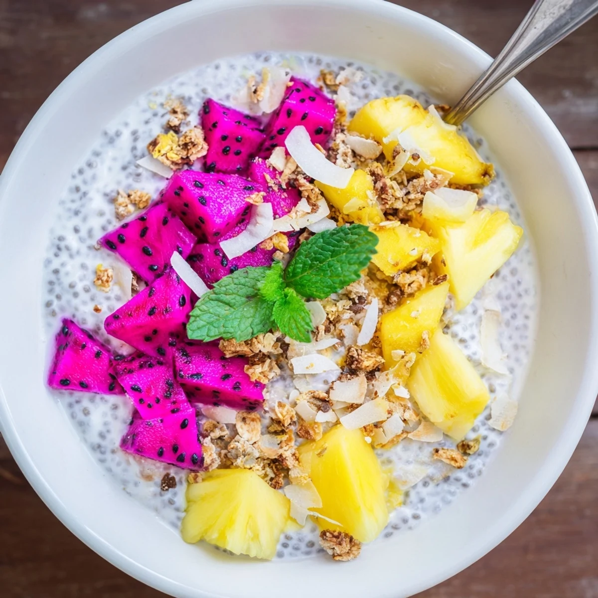 Vibrant dragon fruit coconut chia breakfast bowl arranged with mango pineapple and mint garnish