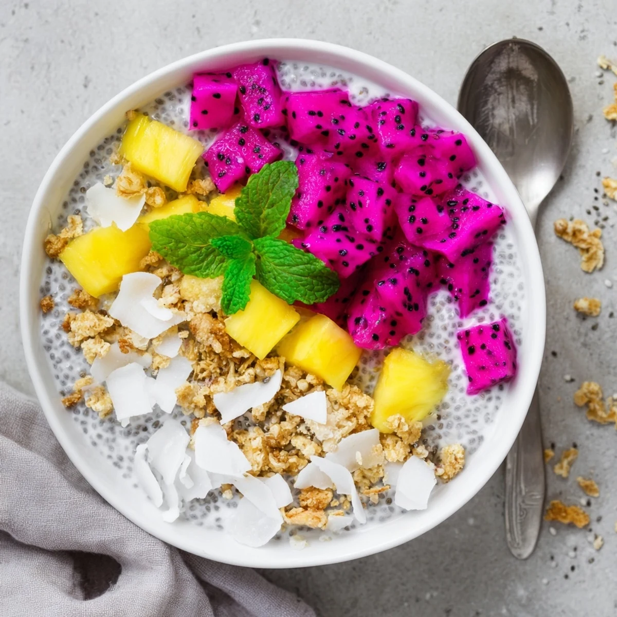 White coconut chia pudding breakfast bowl layered with pink dragon fruit and shredded coconut topping