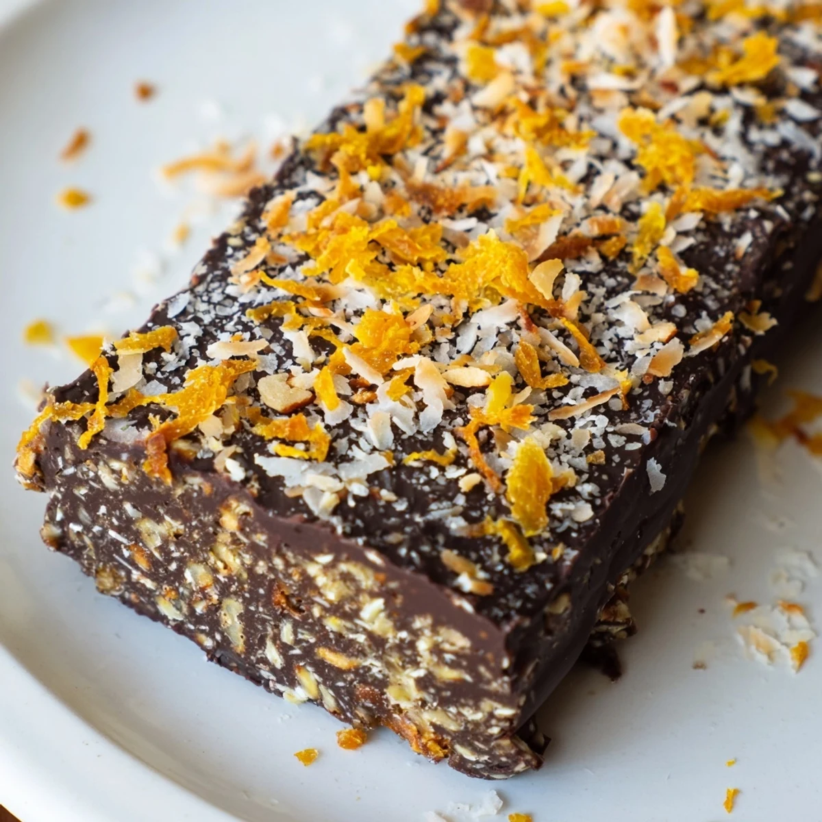 Rich dark chocolate layer covering coconut base in these gluten-free orange bliss bars