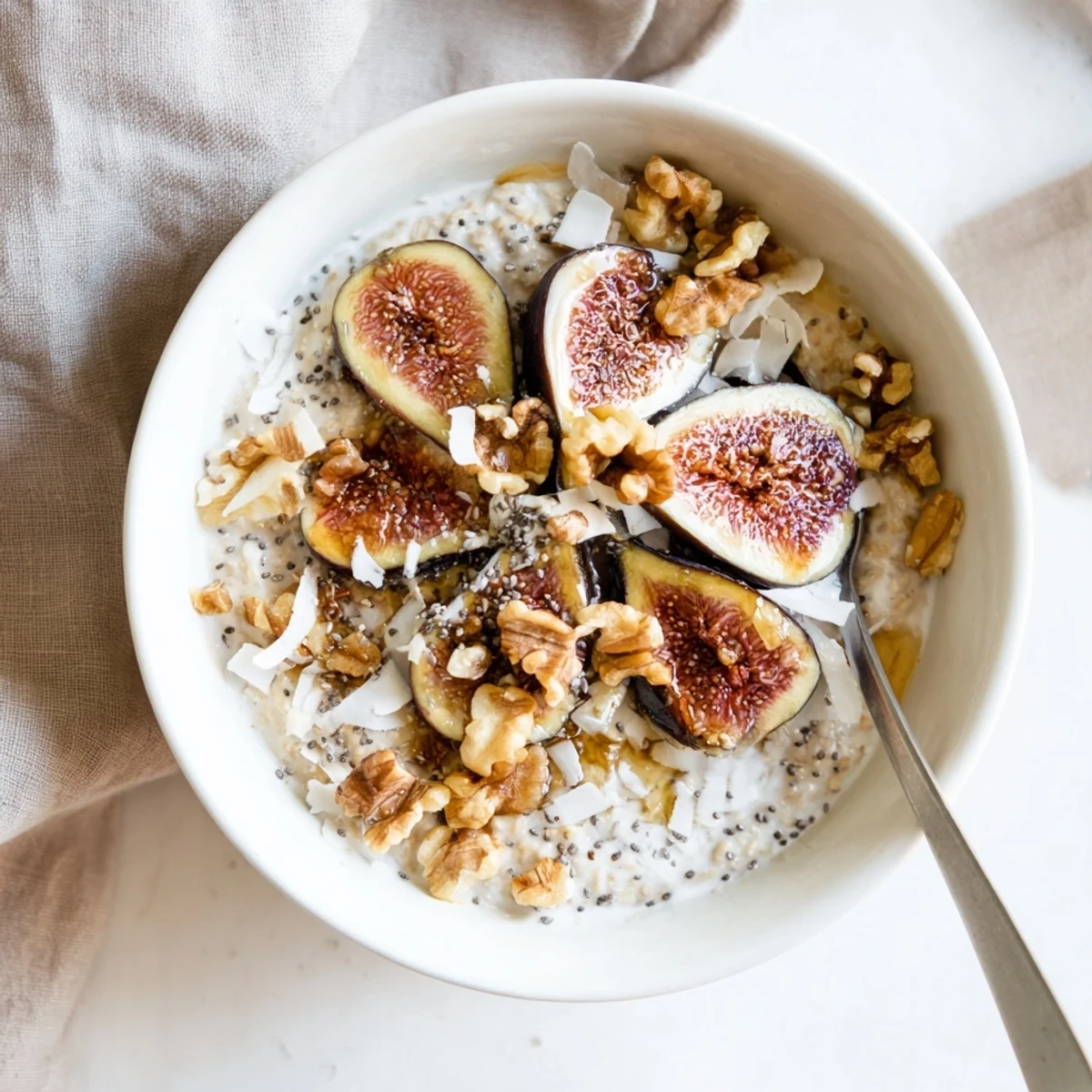 Creamy vanilla fig overnight oats bowl topped with fresh sliced figs and crunchy walnuts