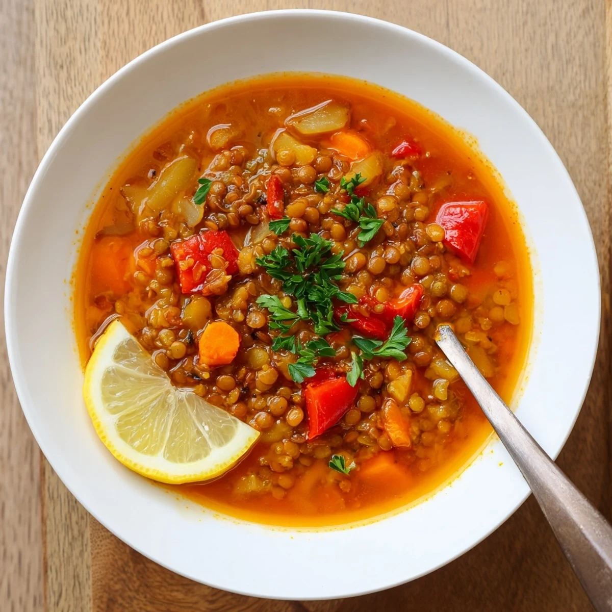 Hearty bowl of red pepper lentil soup with crusty bread on a wooden table