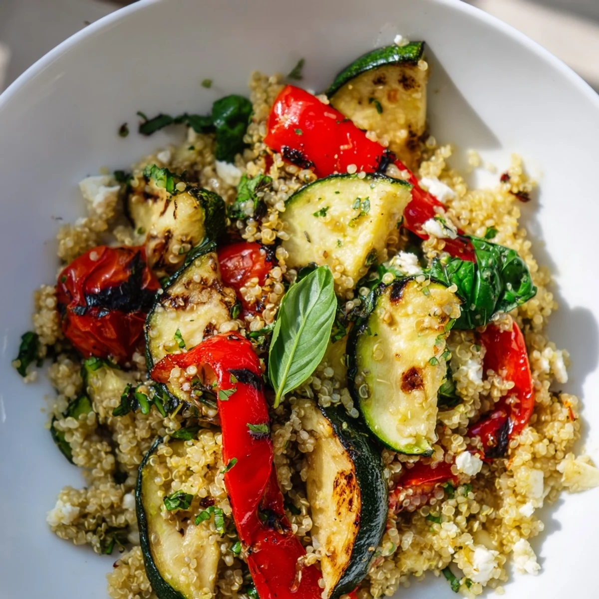 Mediterranean-style grilled zucchini and lemon quinoa grain salad featuring charred vegetables and fluffy citrus-infused grains