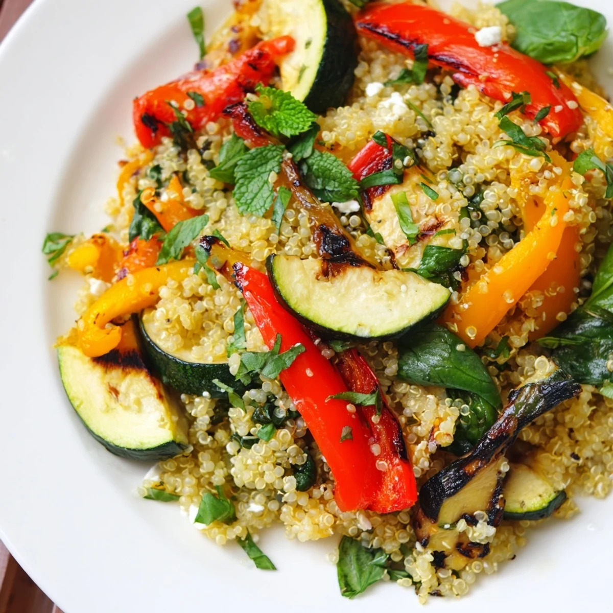 Colorful bowl of grilled zucchini and lemon quinoa grain salad topped with fresh herbs and crumbled feta
