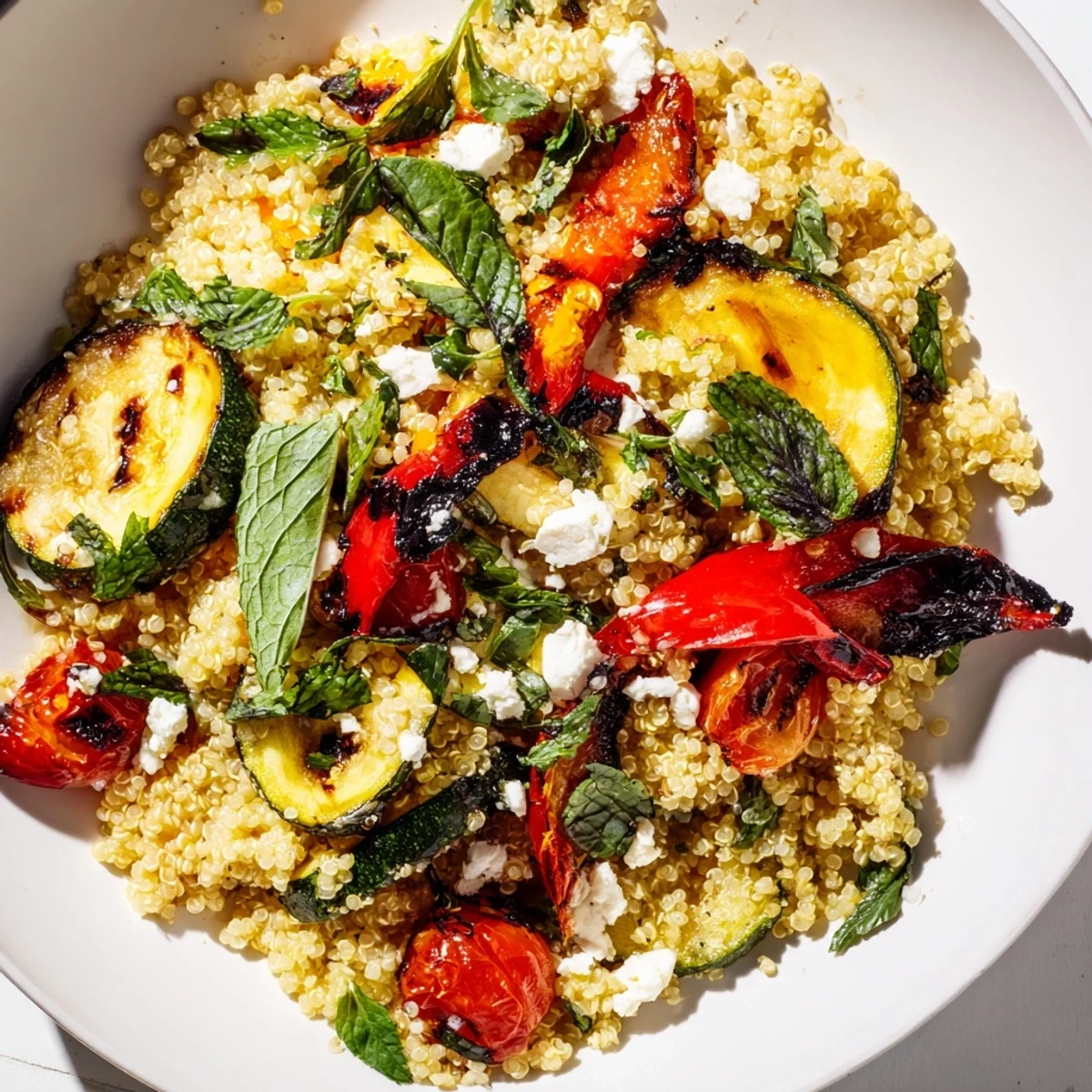 Vibrant grilled zucchini and lemon quinoa grain salad served with cherry tomatoes and mint in a rustic bowl