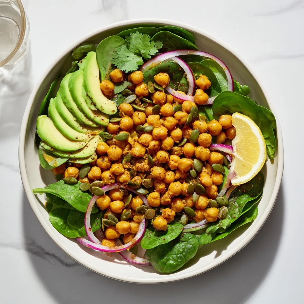 Protein-packed turmeric chickpea bowl with sautéed spinach and nutrient-rich seed garnish