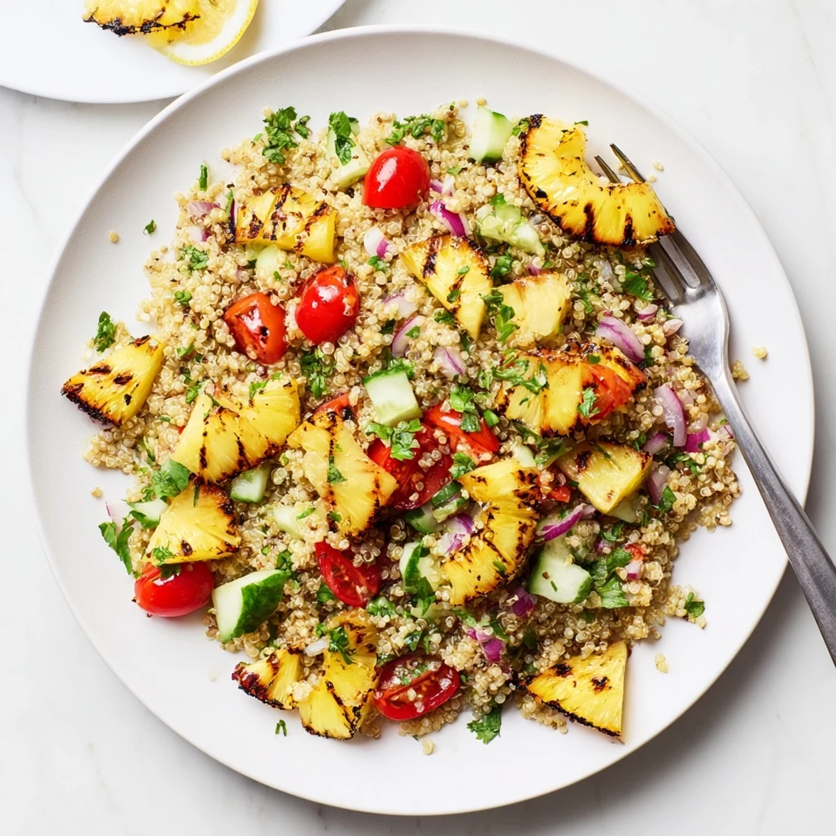 Colorful grilled pineapple and cilantro quinoa grain salad served in a white bowl