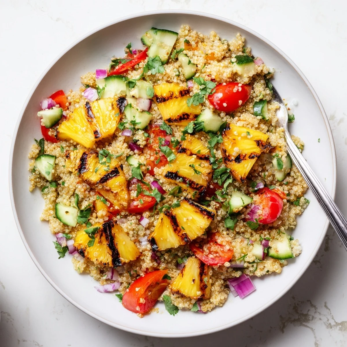Vibrant tropical quinoa salad bowl topped with smoky grilled pineapple chunks and fresh cilantro
