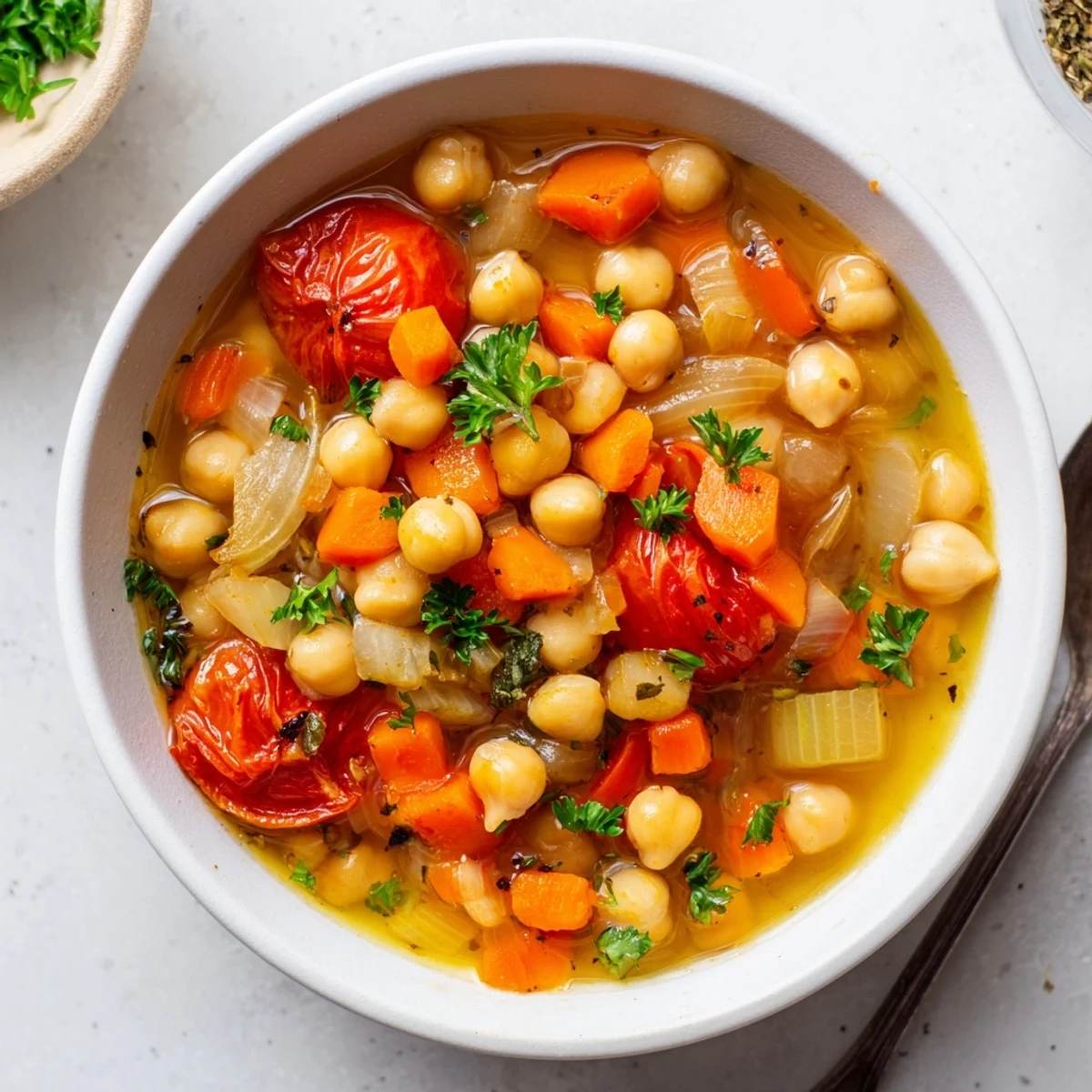 Golden bowl of rustic chickpea and roasted tomato hearty soup garnished with fresh parsley