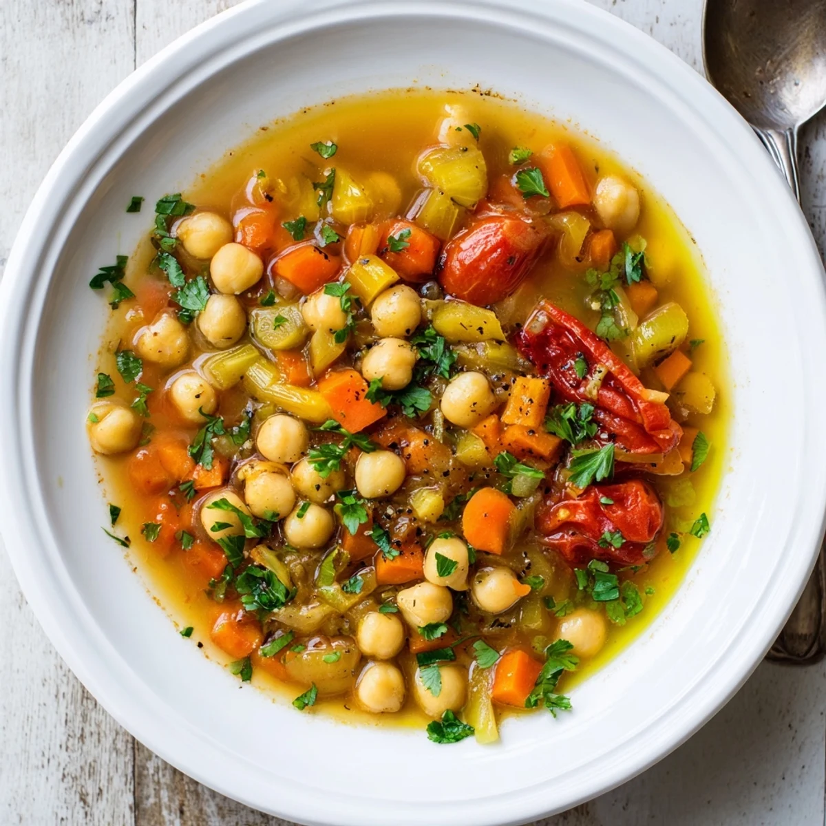 Thick Mediterranean-style chickpea and roasted tomato hearty soup simmering with tender vegetables and aromatic herbs