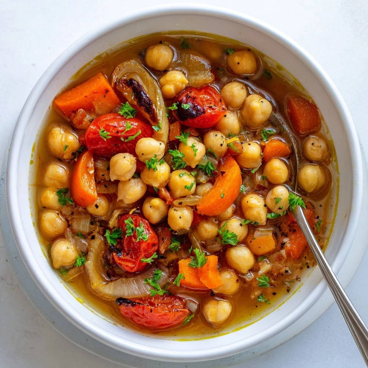 Creamy rustic chickpea and roasted tomato hearty soup drizzled with olive oil in a white bowl