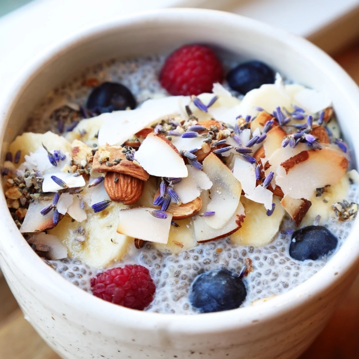 Creamy lavender vanilla chia breakfast bowl topped with fresh berries and sliced banana