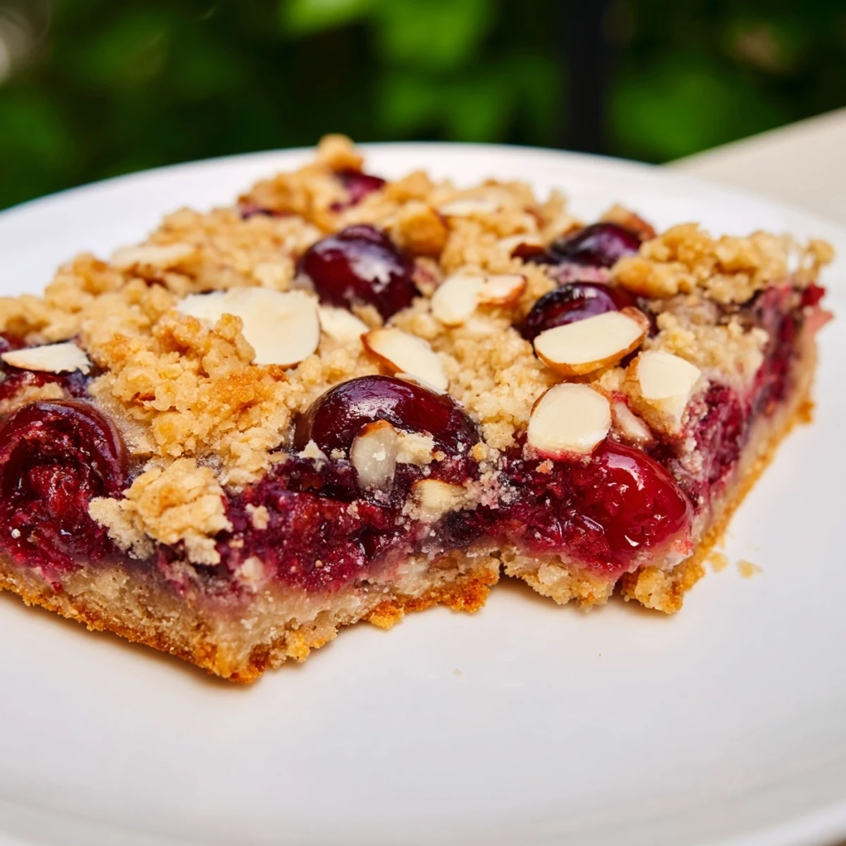 Golden cherry almond crumble bars featuring bubbling red fruit filling and buttery oat topping