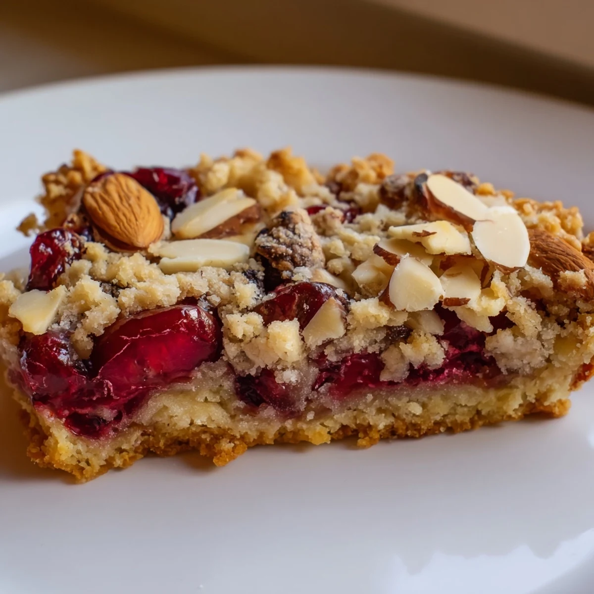 Homemade cherry almond crumble bars cut into squares with fresh cherry layers and toasted almond garnish