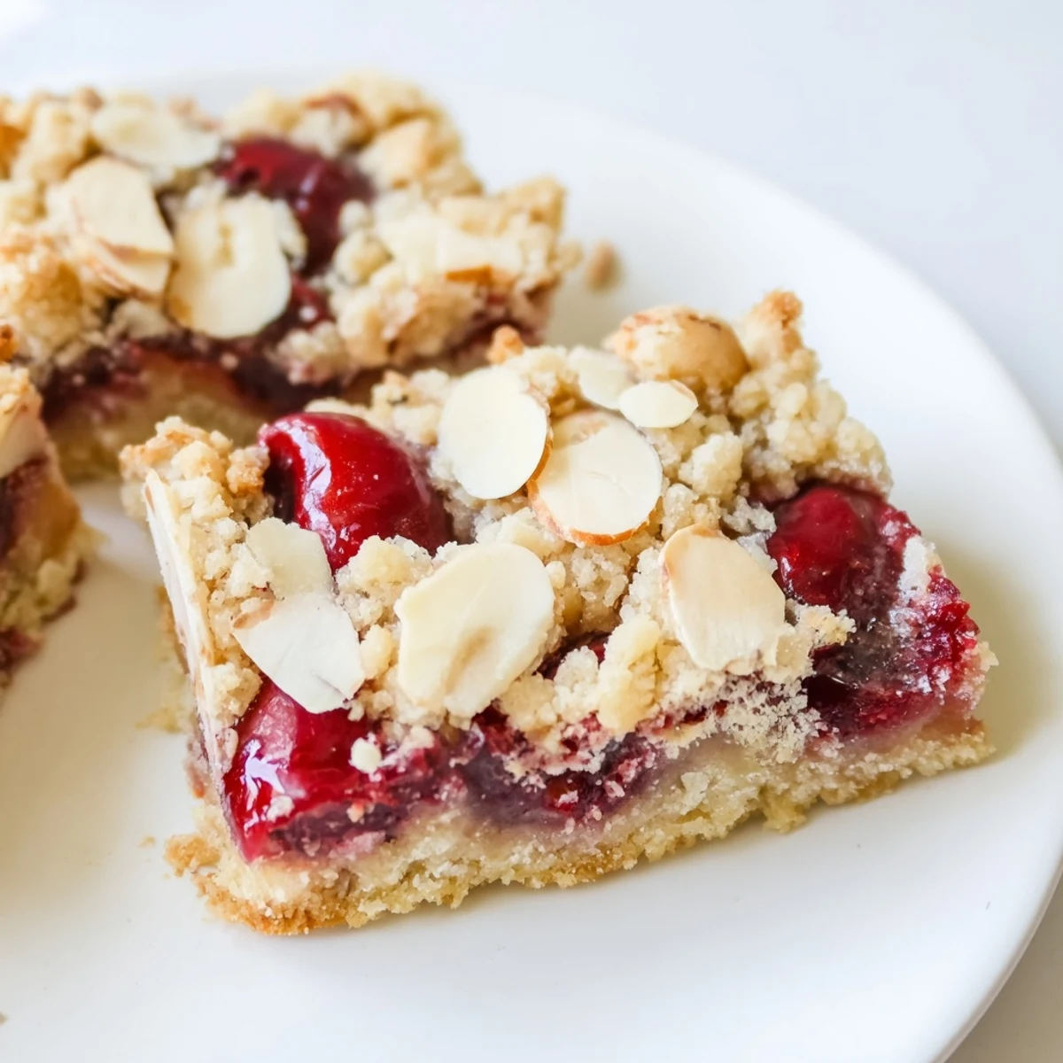 Baked cherry almond crumble bars with gooey red fruit center and golden brown crumbly crust