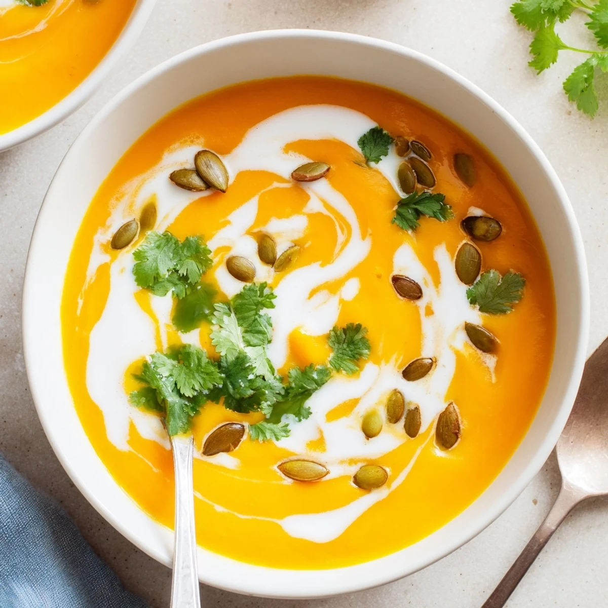 Steaming bowl of hearty spiced pumpkin coconut soup with swirls of coconut cream and fresh herbs