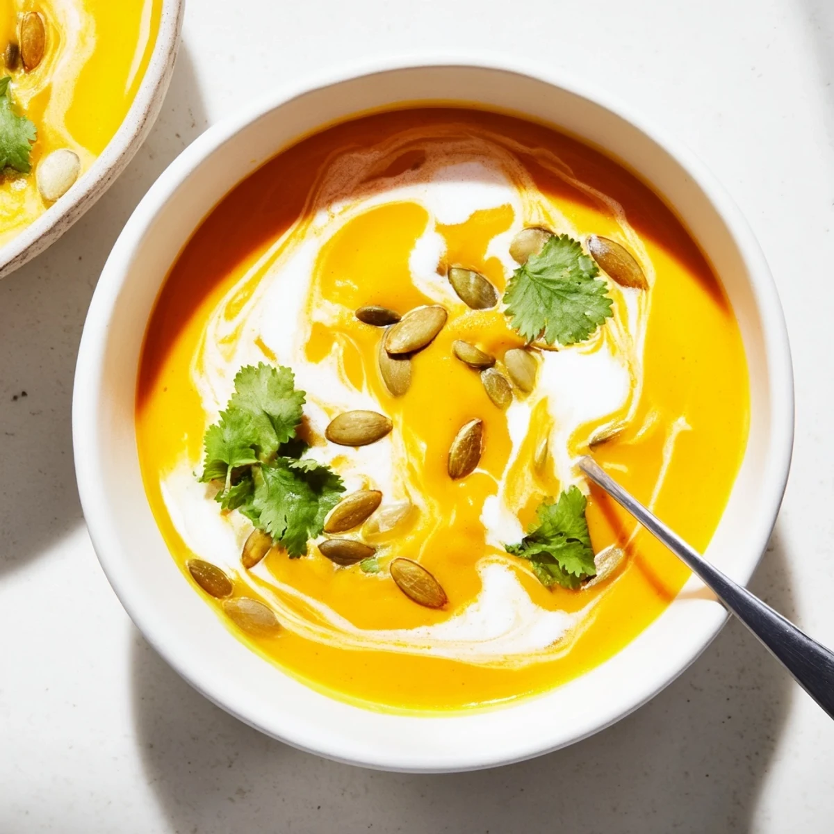 Golden spiced pumpkin coconut soup served hot with crusty bread and a sprinkle of chili flakes