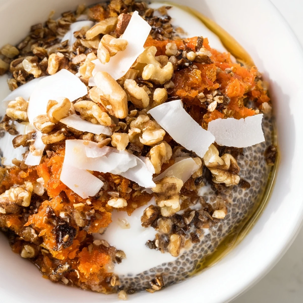 Wholesome carrot cake chia pudding parfait bowl featuring sweet pineapple, raisins, cinnamon-spiced carrots, and coconut garnish